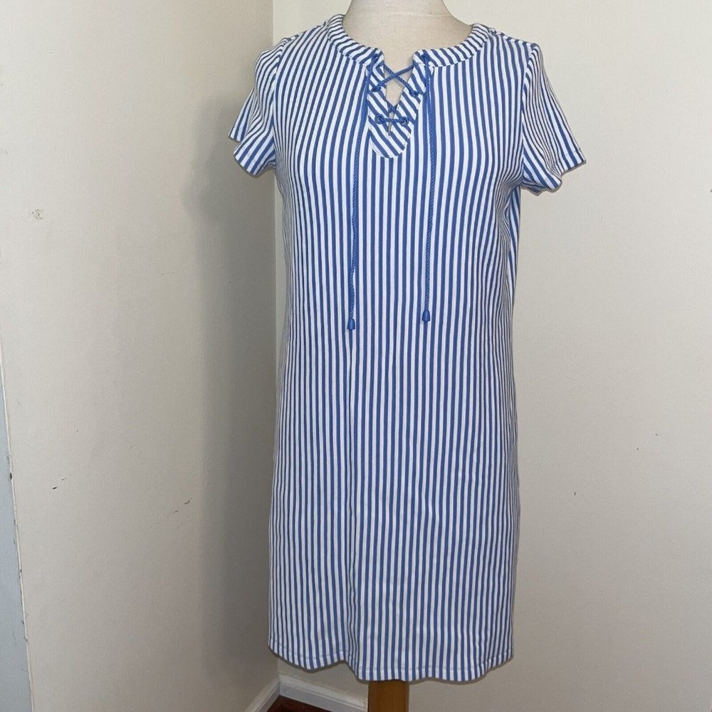 C Wonder Dress Blue White Stripes Knee Length Lace Up Stretch SSleeve Nautical S
